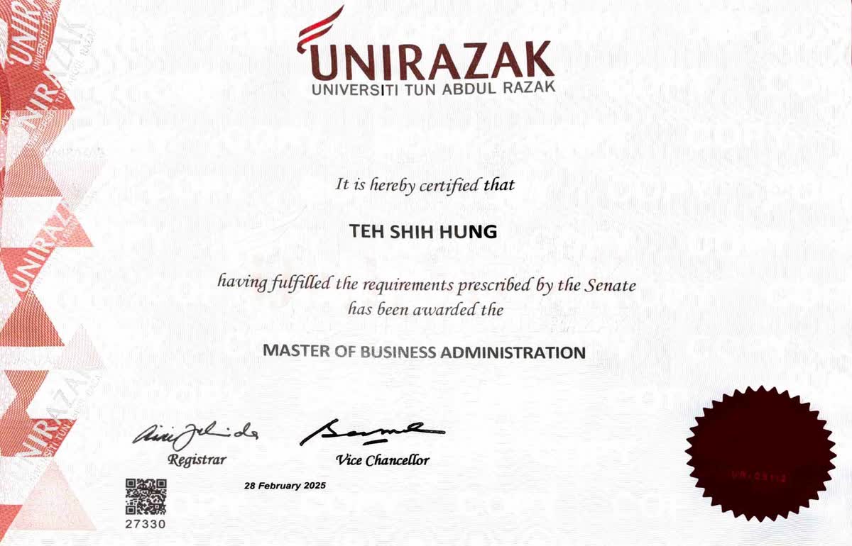 Master of Business Administration scroll from Universiti Tun Abdul Razak, awarded to Teh Shih Hung on 28 February 2025